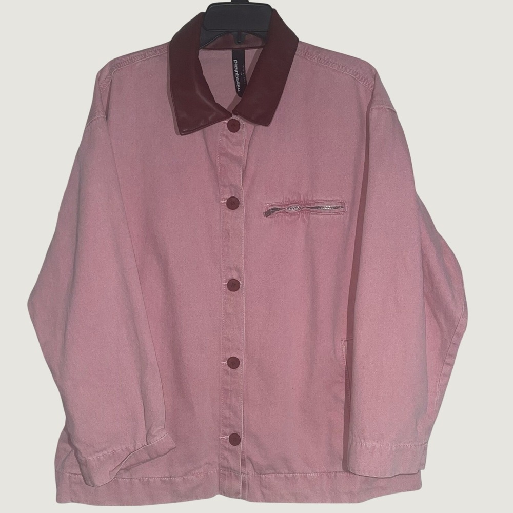 Missguided Womens XS Pink Denim Jacket Faux Leather Collar Oversized Workwear
